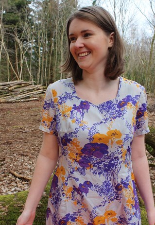 VINTAGE 80'S PURPLE YELLOW & GREY FLORAL PRINT MINI DRESS