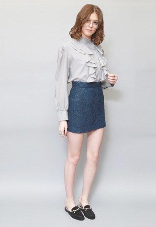 VINTAGE 1970'S SILKY GREY RUFFLED BLOUSE