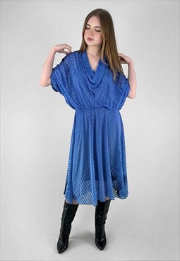 70's Virginie Blue Cowl Neck Stripe Sheer Midi Dress
