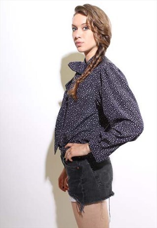 VINTAGE 1980'S 80'S NAVY & WHITE POLKA DOT OFFICE BLOUSE OS