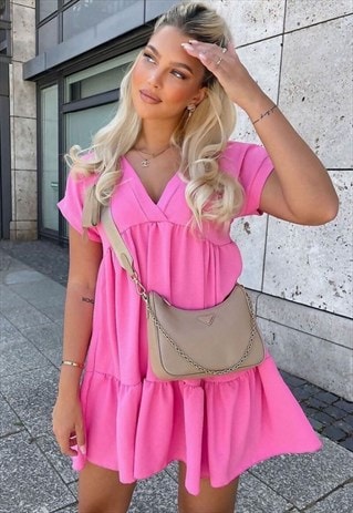 JUSTYOUROUTFIT Short Sleeve Swing Dress Pink