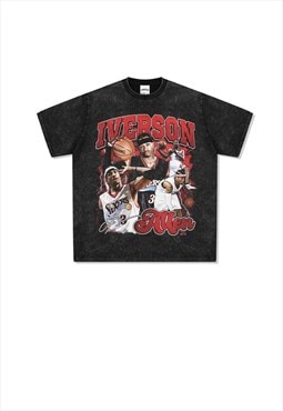 Black Washed Iverson answer Graphic Cotton Fans T shirt tee