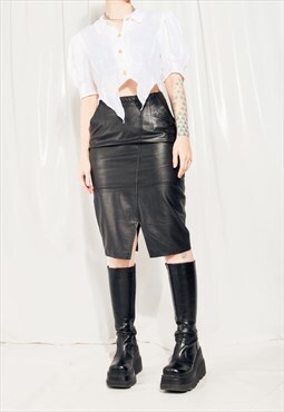 Vintage Leather Skirt 80s High Rise Pencil Midi in Black