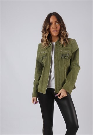 SUEDE LEATHER FRINGE TASSEL JACKET COLOURED UK 12 (CWCK)