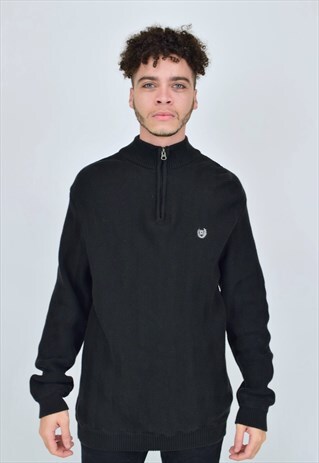 VINTAGE 90'S CHAPS BLACK COLLARED JUMPER WITH 1/4 ZIP