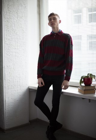 VINTAGE 80'S GREY/MAROON STRIPED JUMPER