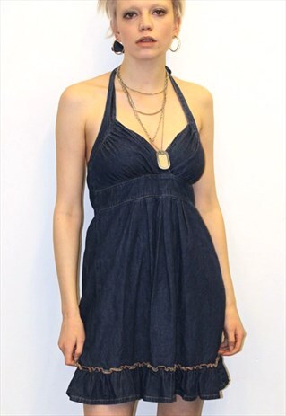 90S VINTAGE BLUE MINI HALTERNECK DENIM FRILL BOTTOM DRESS