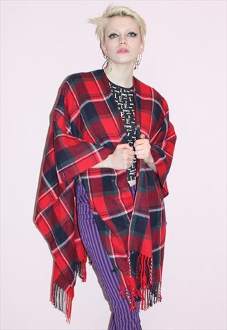 90'S VINTAGE TARTAN CAPE SHAWL PUNK GRUNGE CHECKED