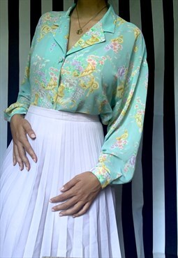 Vintage 80s turquoise rococo print blouse, bishop sleeves