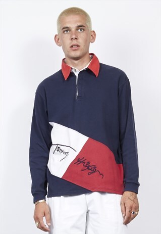 VINTAGE 90'S TOMMY HILFIGER LOGO TRICOLOUR POLO SWEATER