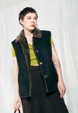Vintage Leather Vest Y2K Faux Fur Real Suede Waistcoat
