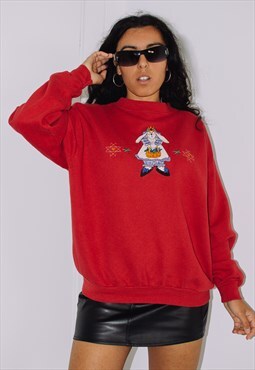 Vintage 80s cartoon cozy embroidered red sweatshirt