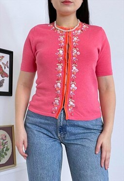 Vintage 90s Pink Floral Embroidered Cardigan