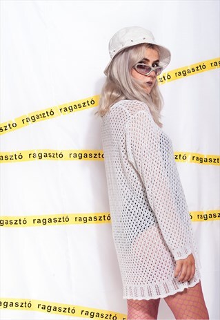 VINTAGE FISHNET TOP 90S WHITE KNIT NET RAVE JUMPER