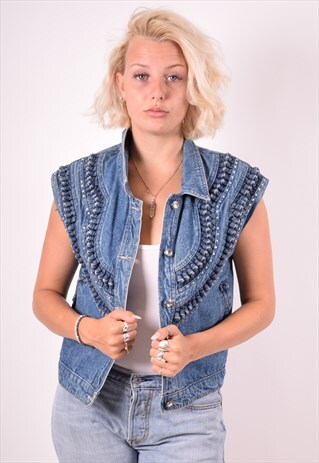 WOMENS VINTAGE DENIM GILET LARGE BLUE 90S