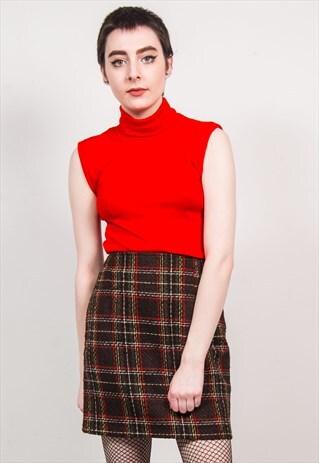 VINTAGE 90'S BROWN CHECKED THICK KNIT HIGH WAIST MINI SKIRT