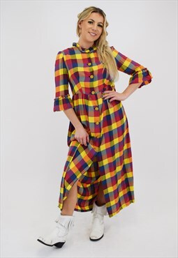 Vintage 90's Prairie Maxi  Dress in Multi Colour Checkered 