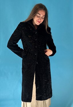 Vintage 1980s Black Tailored Crushed Velvet Long Length Coat