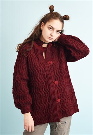 80'S RETRO MAROON SUEDE DETAILED CHUNKY MOMS KNIT CARDI