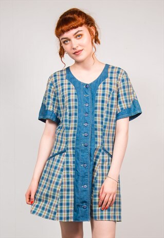 90'S VINTAGE CHECK PATTERN DENIM MINI FESTIVAL DRESS