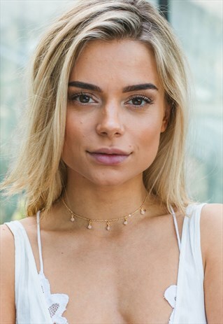 FESTIVAL PINK ROSE QUARTZ CRYSTAL DANGLE CHOKER IN GOLD