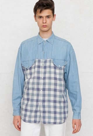 VINTAGE BLUE BROADCAST CHECKERED DENIM LONG SLEEVE SHIRT
