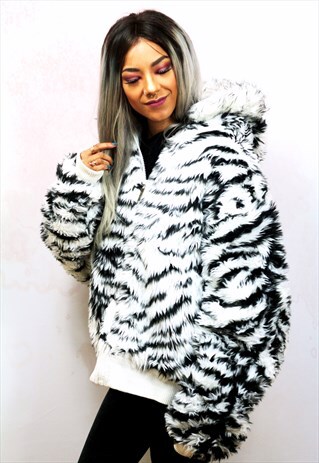 1990S VINTAGE ZEBRA PRINT ZIP UP FAUX FUR HOOD COAT