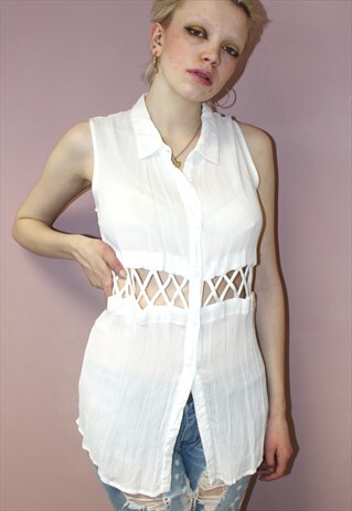 CUTE VINTAGE 1990S CUT OUT WAIST BOHO FESTIVAL WHITE TOP
