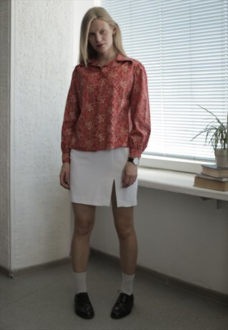 VINTAGE 70'S RED FLOWER PRINT BOHEMIAN STYLE SHIRT