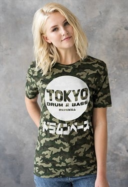 Tokyo Drum and Bass Camo T Shirt Japanese Printed Womens Tee