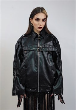 Faux leather biker jacket grunge motorcycle bomber PU 