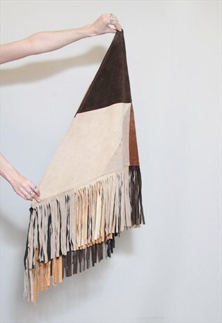 VINTAGE 1970'S RECYCLED PATCHWORK SUEDE FRINGED CAPE