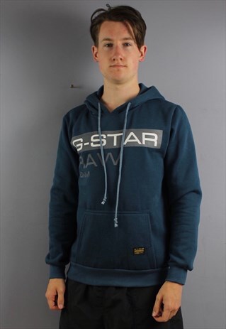 VINTAGE G-STAR RAW HOODIE IN BLUE WITH PRINTED SPELL OUT. FI