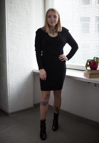 VINTAGE 80'S BLACK MINI STRETCHY BELTED DRESS
