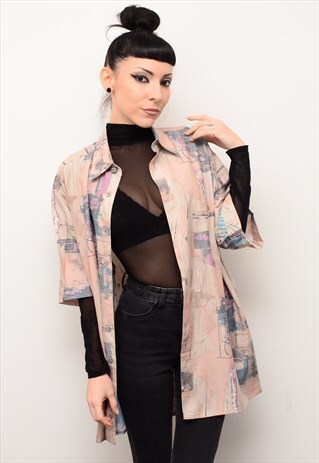VINTAGE 90'S RETRO CRAZY ABSTRACT PATTERNED OVERSIZED SHIRT
