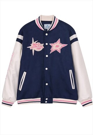 STAR VARSITY JACKET FAUX LEATHER BOMBER RETRO COAT IN BLUE