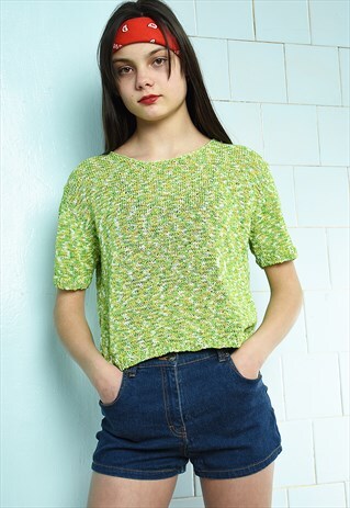 VINTAGE 90S KNITTED LIME GREEN BOHO FESTIVAL CROP TOP BLOUSE