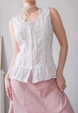 Vintage Cottagecore White Embroidery Tank Top