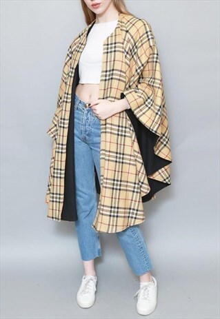 VINTAGE 1990S BEIGE TARTAN SOFT WOOL CAPE