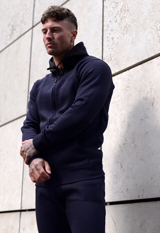 STAPLE PLAIN BLANK ZIP UP HOODY - NAVY BLUE