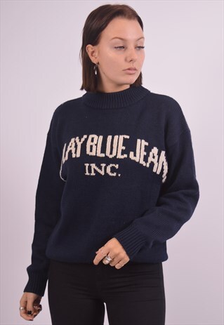 REPLAY WOMENS VINTAGE JUMPER SWEATER MEDIUM NAVY BLUE 90S