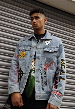 LOOSE FIT OVERSIZE GRAFFITI PRINT RUDE SLOGAN DENIM JACKET