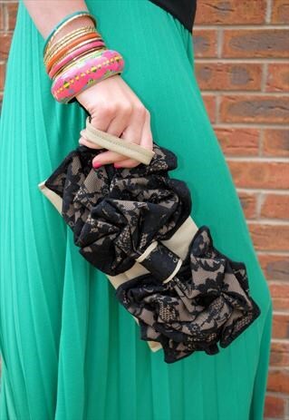 NICOLA DANN LEATHER PUTTY LACE BOW CLUTCH BAG