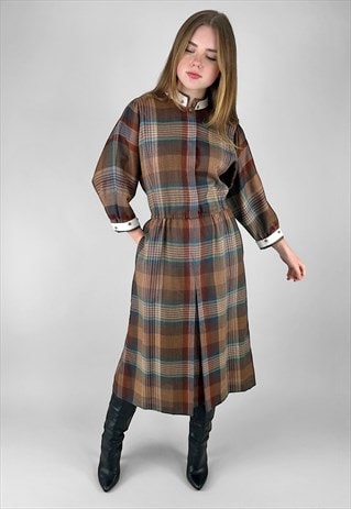 80's Vintage Brown Heritage Check Ladies Midi Dress