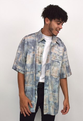 VINTAGE 90S PALE BLUE & BEIGE PRINT SHIRT