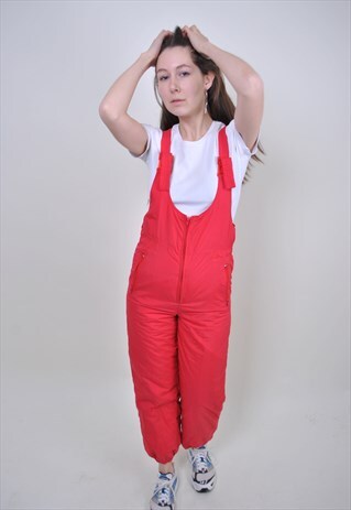 80S RED SKI SUIT, VINTAGE SUSPENDERS SKI PANTS, SNOW TROUSER