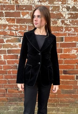 70's Vintage Black Velvet Blazer Jacket Dagger Collar