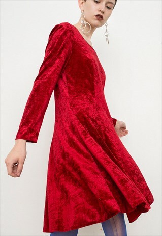 VINTAGE VELVET DRESS RED SHINY NEW YEARS PARTY ELEGANT