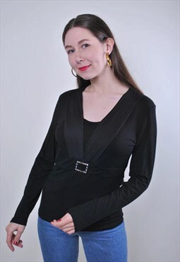 Women vintage black formal blouse with buckle 