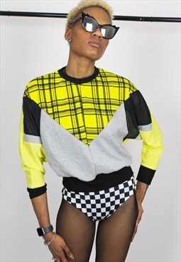 Yellow Check Tartan print and Grey colour block Sweater